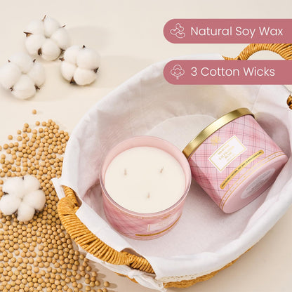 M&SENSE Plaid 3-Wick Soy Candle 11.64 oz – Saltwater Rose | Relaxation & Home Décor
