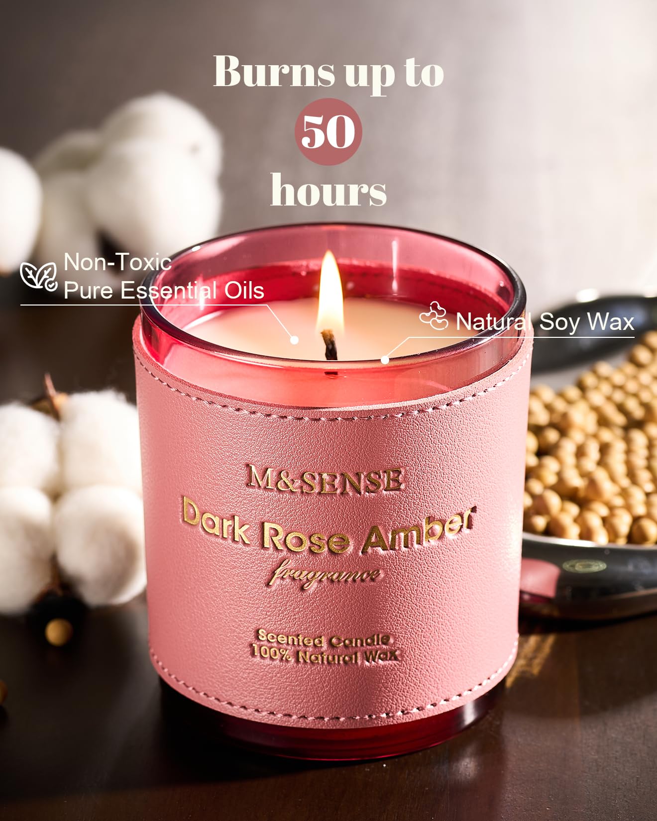 M&SENSE Rose Amber Scented Candle – Vegan Soy Wax, 10oz, 42-Hour Burn, Non-Toxic