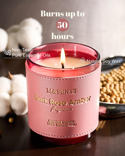 M&SENSE Rose Amber Scented Candle – Vegan Soy Wax, 10oz, 42-Hour Burn, Non-Toxic