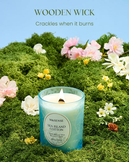 M&SENSE Sea & Cotton Scented Candle – 18oz, 100 Hours, Wood Wick
