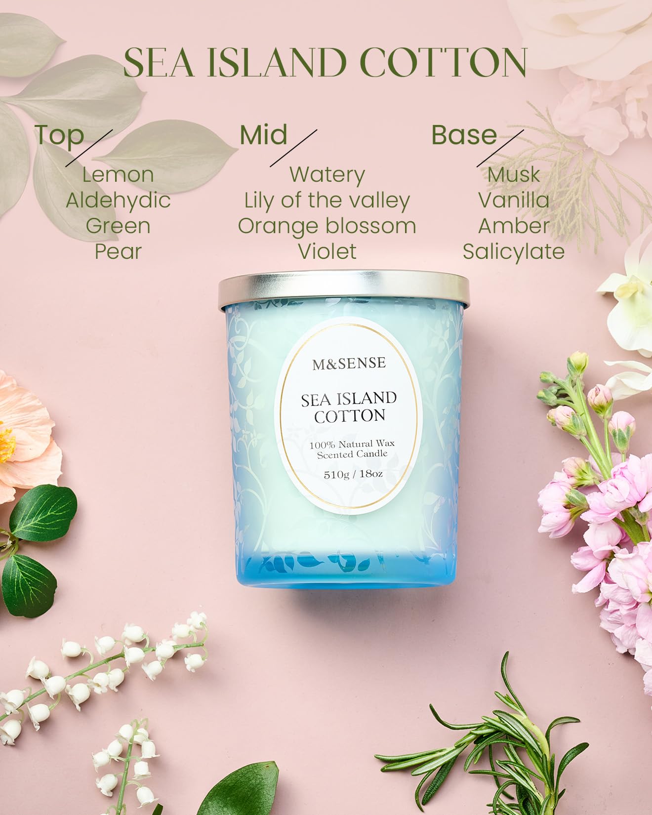 M&SENSE Sea & Cotton Scented Candle – 18oz, 100 Hours, Wood Wick