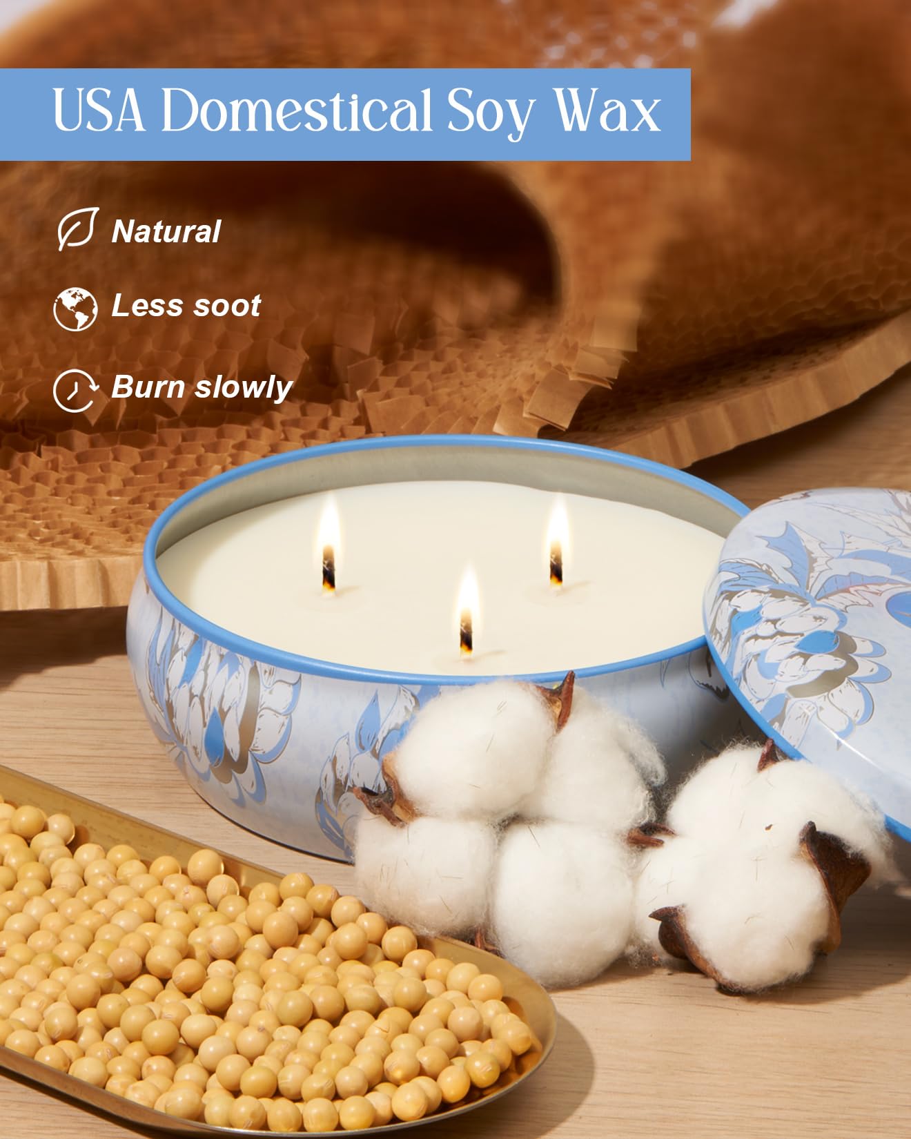 M&SENSE Soy Scented Candles - 12oz, 3 Wick, 40-50h Burn Time | Floral Tin