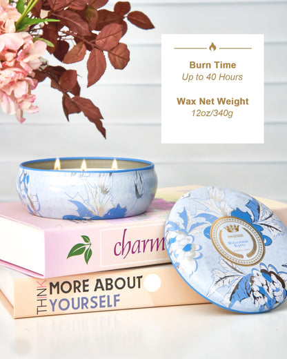 M&SENSE Soy Scented Candles - 12oz, 3 Wick, 40-50h Burn Time | Floral Tin