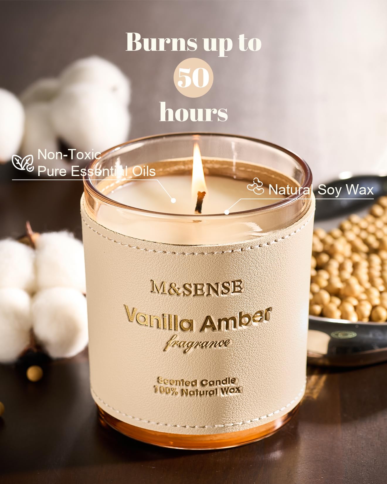 M&SENSE Vanilla Amber Scented Candles - Vegan Soy Wax, 10oz, 42-Hour Burn Time