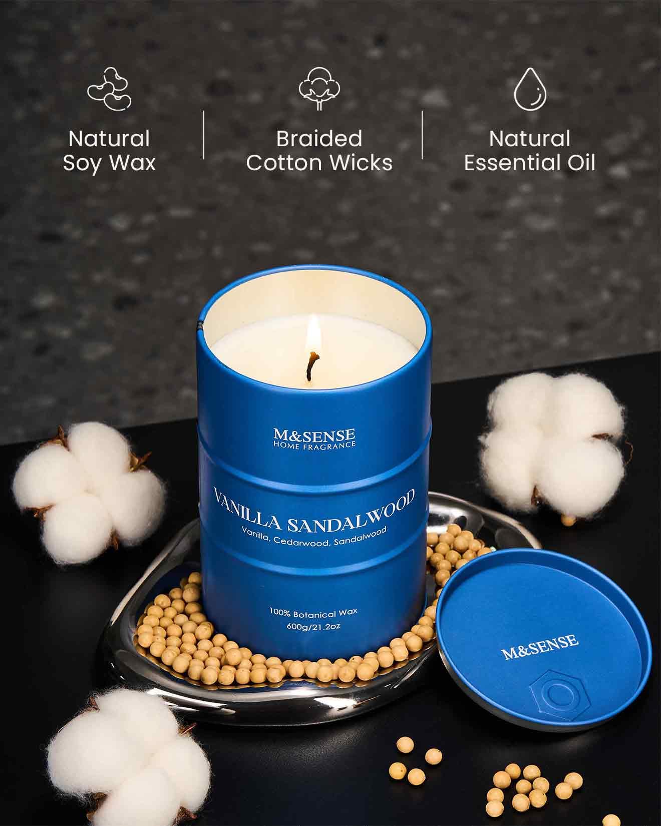 M&SENSE Vanilla Sandalwood Scented Candles – Large 21.2oz Natural Soy, 120-Hour Slow Burn