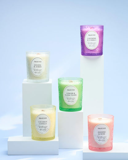 M&SENSE Vanilla Sandalwood Candle – 18oz, 100h, Wooden Wick, Non-Toxic