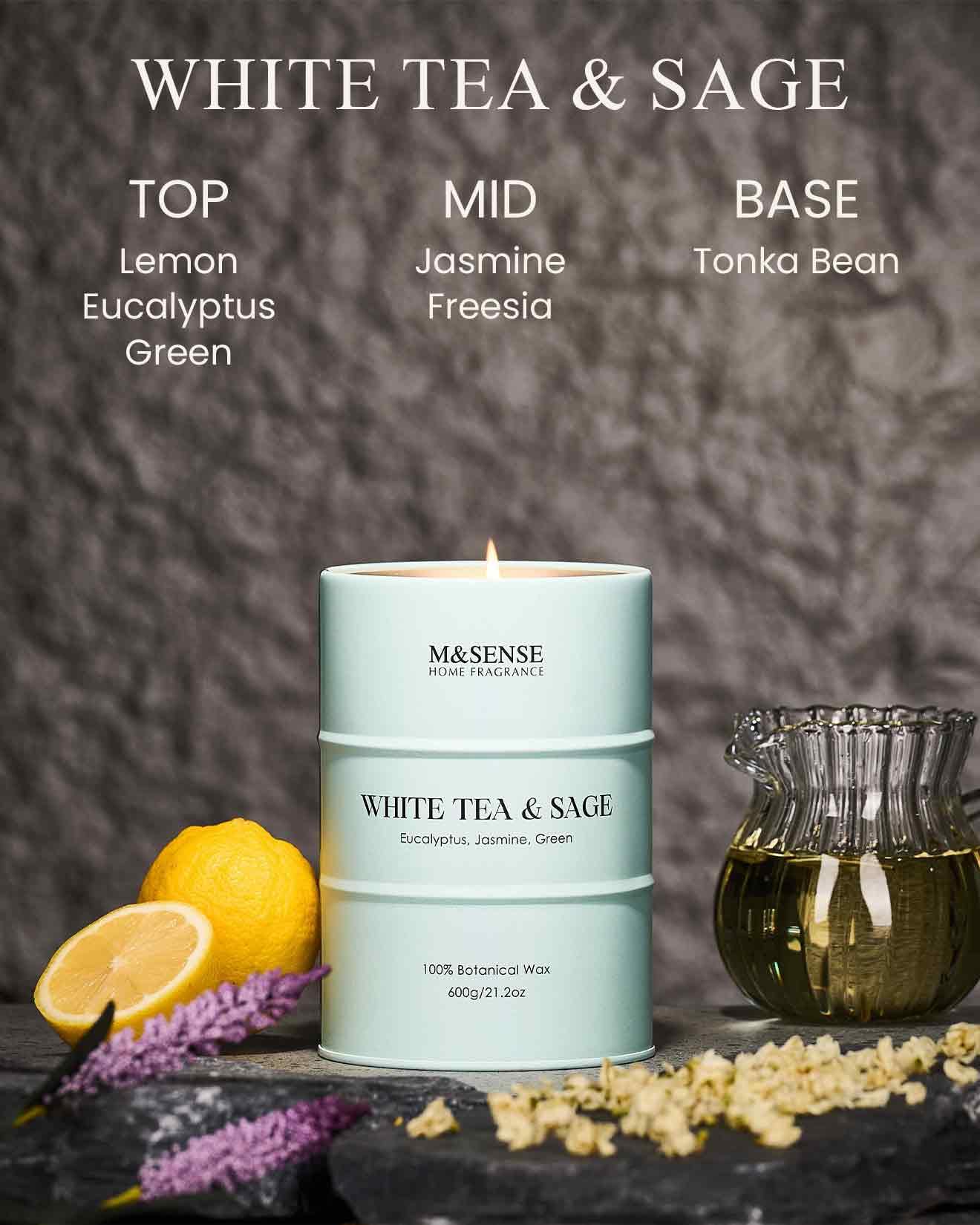 M&SENSE White Tea Sage Scented Candle – Large 21.2oz Natural Soy, 120-Hour Burn Time