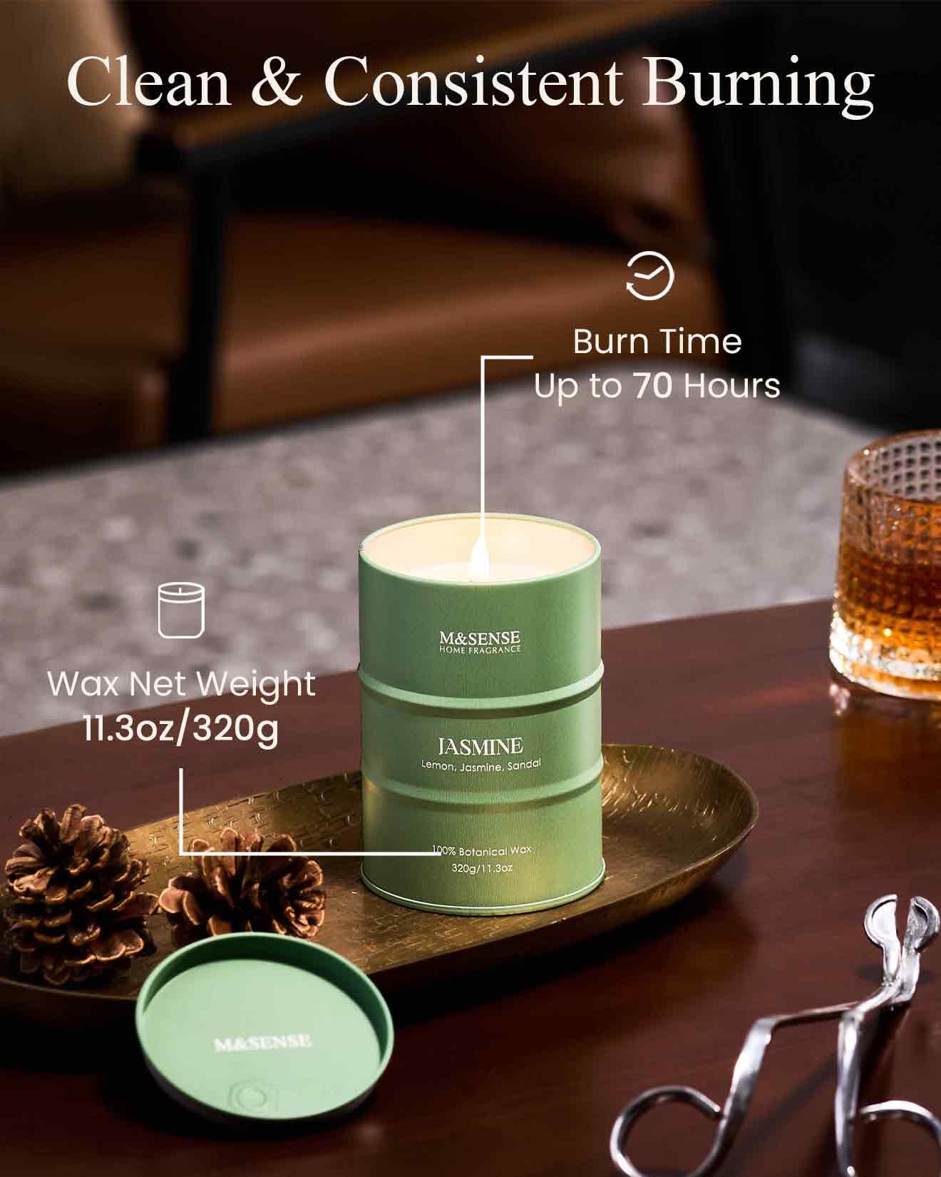 M&SENSE Jasmine Scented Candle - Natural Non-Toxic Soy Blend, Aromatherapy, 100-120h Burn