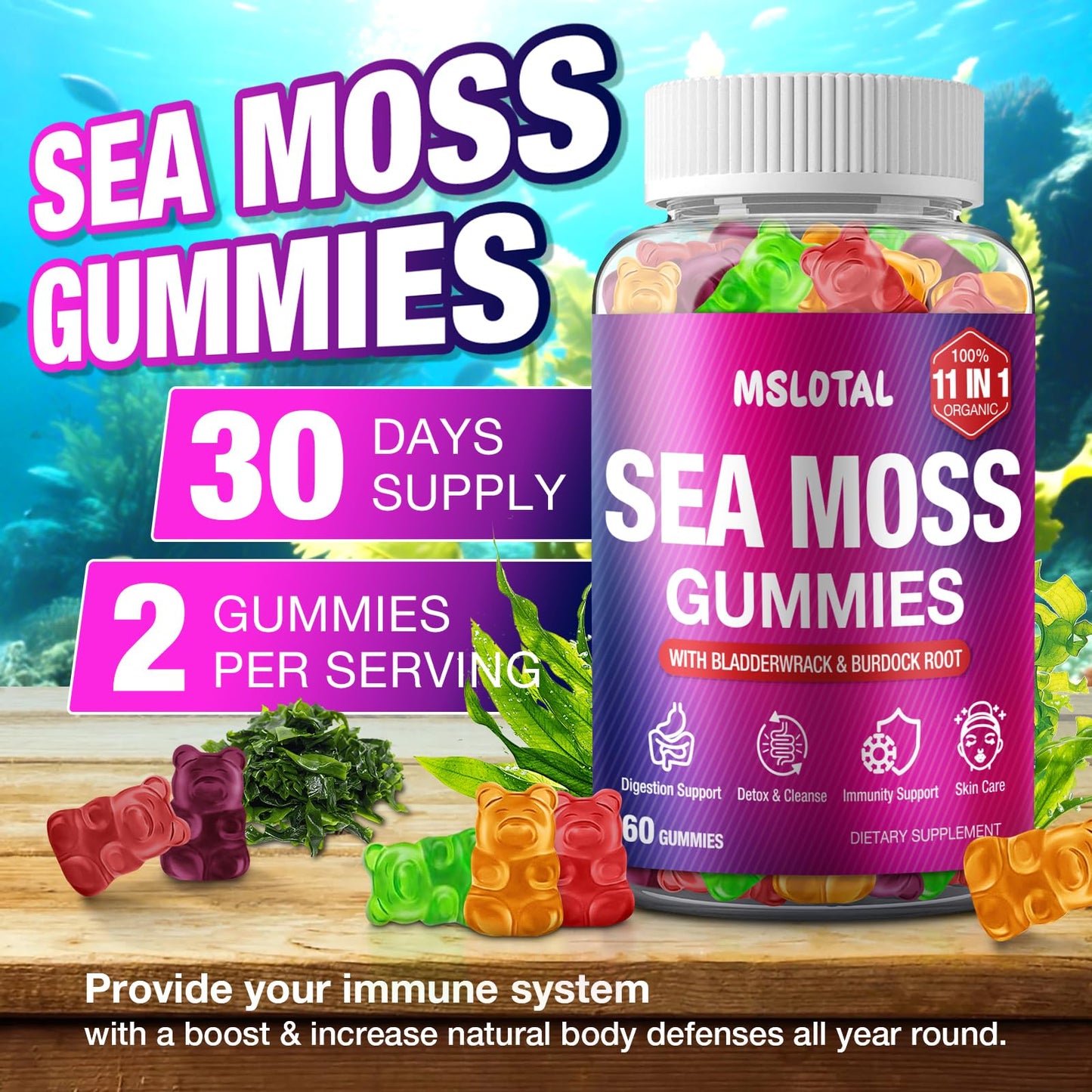MSLOTAL Irish Sea Moss Gummies with Black Seed Oil, Ashwagandha & Shilajit – Immune Support, Vegan, 120 Gummies