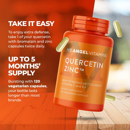 Mt. Angel Vitamins Zinc Quercetin with Bromelain – Immune Support & Respiratory Health, Quercetin 500mg, Zinc 50mg, Vitamin C | 120ct