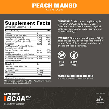 MTN OPS BCAA 2:1:1 Powder - Peach Mango, 30 Servings | Zero Sugar & Gluten Free