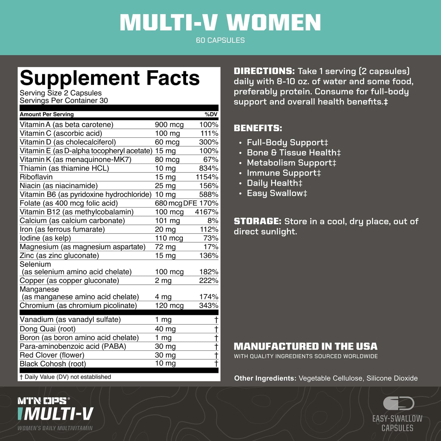 MTN OPS Multi-V Women’s Multivitamin – Essential Daily Vitamin Complex, Vegetarian Capsules (60 Count)
