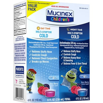 Mucinex Children's Day Time & Night Time Multi-Symptom Cold Liquid – Very Berry, 8 oz (2x4 oz)