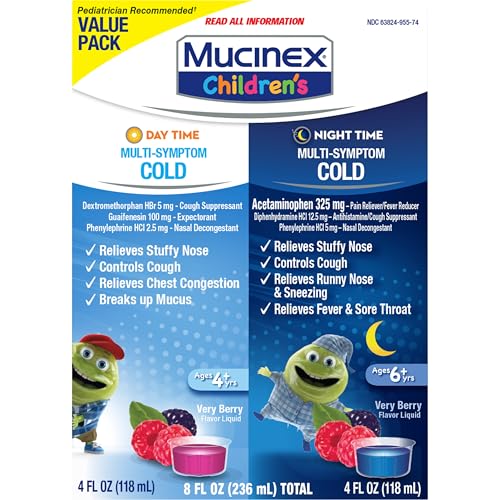 Mucinex Children's Day Time & Night Time Multi-Symptom Cold Liquid – Very Berry, 8 oz (2x4 oz)