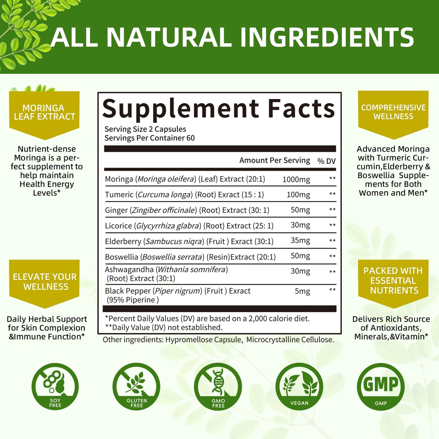 Mulittea Moringa Capsules 1000mg – 7-in-1 Turmeric, Ginger, Elderberry & Boswellia | 120 Vegan Capsules (2-Pack)