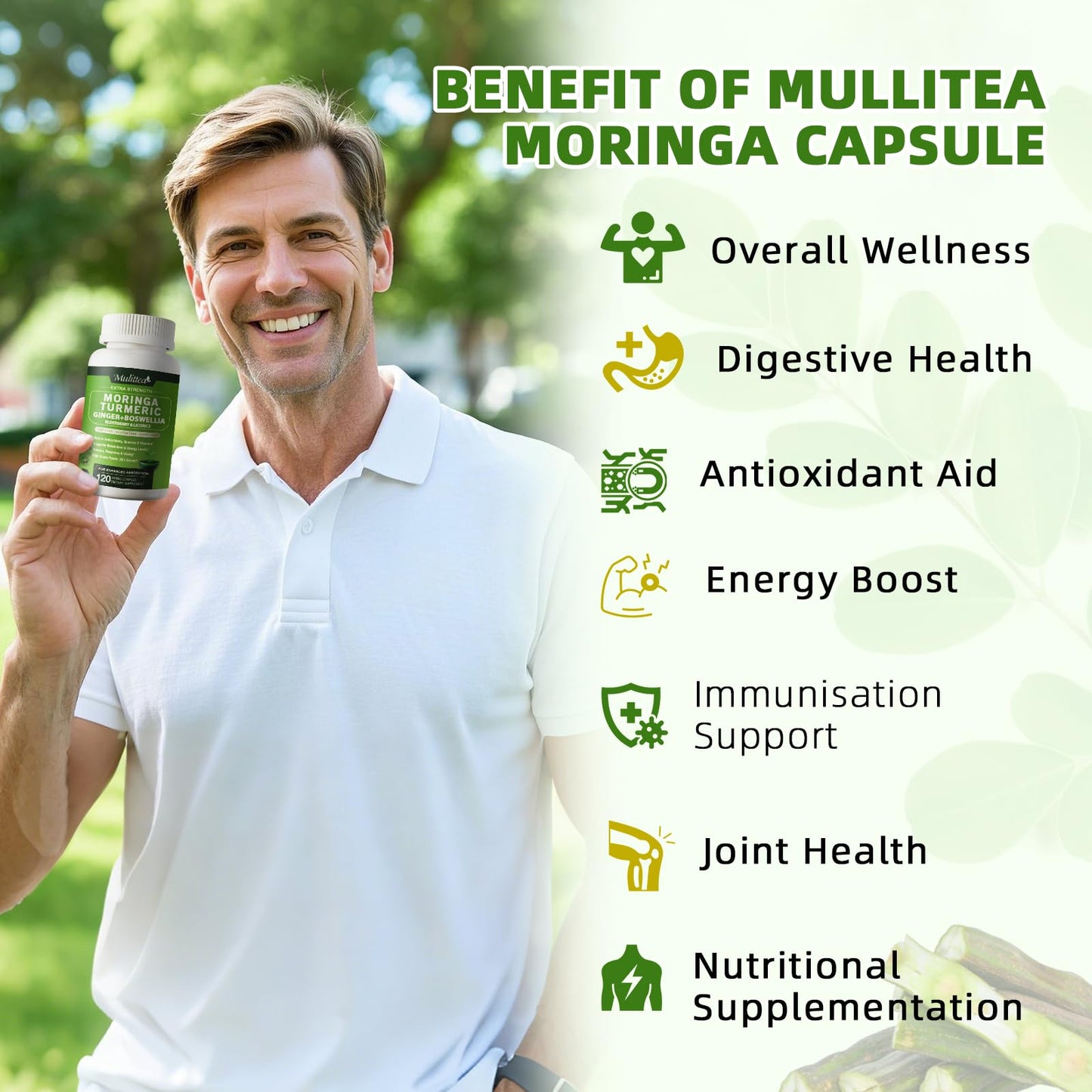 Mulittea Moringa Capsules 1000mg – 7-in-1 Turmeric, Ginger, Elderberry & Boswellia | 120 Vegan Capsules (2-Pack)