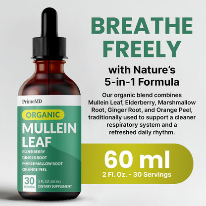PrimeMD 5-in-1 Mullein Drops for Lungs – Respiratory Support (4-Pack, 120 Servings)