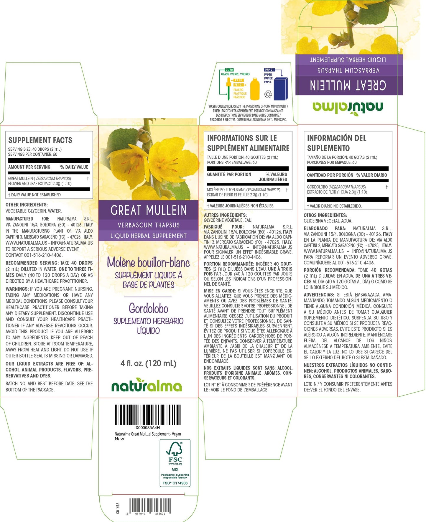 Naturalma Great Mullein Tincture (Verbascum thapsus) – Alcohol-Free, 4 fl oz, Vegan, Made in Italy