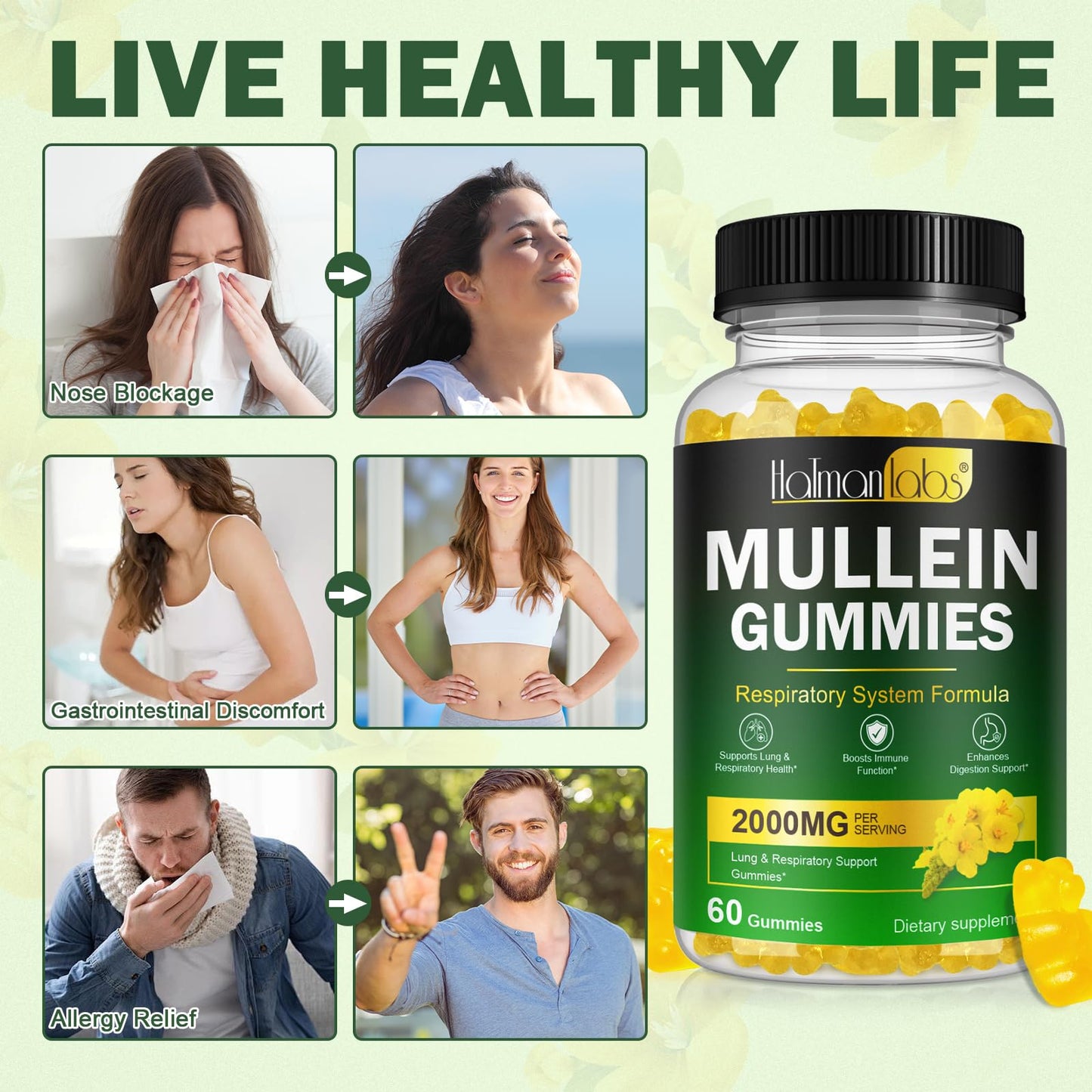 Mullein Gummies for Lungs – 2000 MG 50:1 Extract, Pear Flavor, 60 Count | Respiratory Support