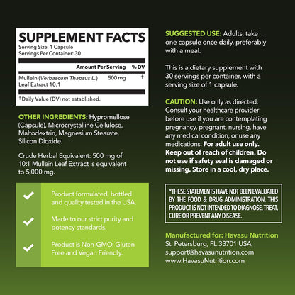 Mullein Leaf Capsules 5000mg 10:1 – Lung Support & Immune Function (30 Count) – Vegan, Non-GMO