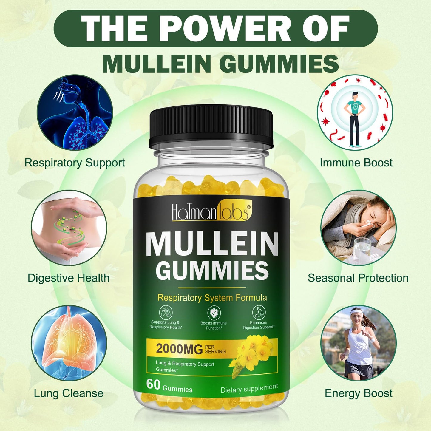 Mullein Gummies for Lungs – 2000 MG 50:1 Extract, Pear Flavor, 60 Count | Respiratory Support