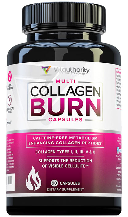 Vitauthority Multi Collagen Burn – 5 Types, Hyaluronic Acid, Vitamin C | Caffeine-Free Capsules