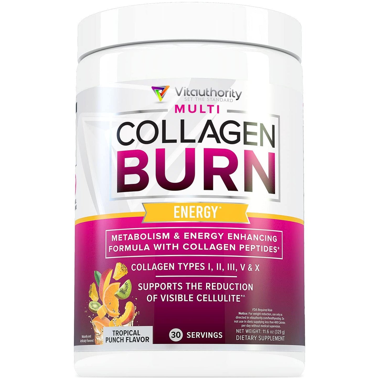 Vitauthority Multi Collagen Burn – 5 Types Collagen, Hyaluronic Acid, Vitamin C, SOD B Dimpless, Caffeine, Tropical Punch, 30 Servings