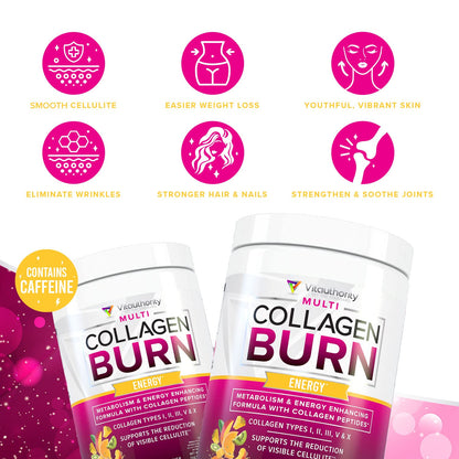 Vitauthority Multi Collagen Burn – 5 Types Collagen, Hyaluronic Acid, Vitamin C, SOD B Dimpless, Caffeine, Tropical Punch, 30 Servings