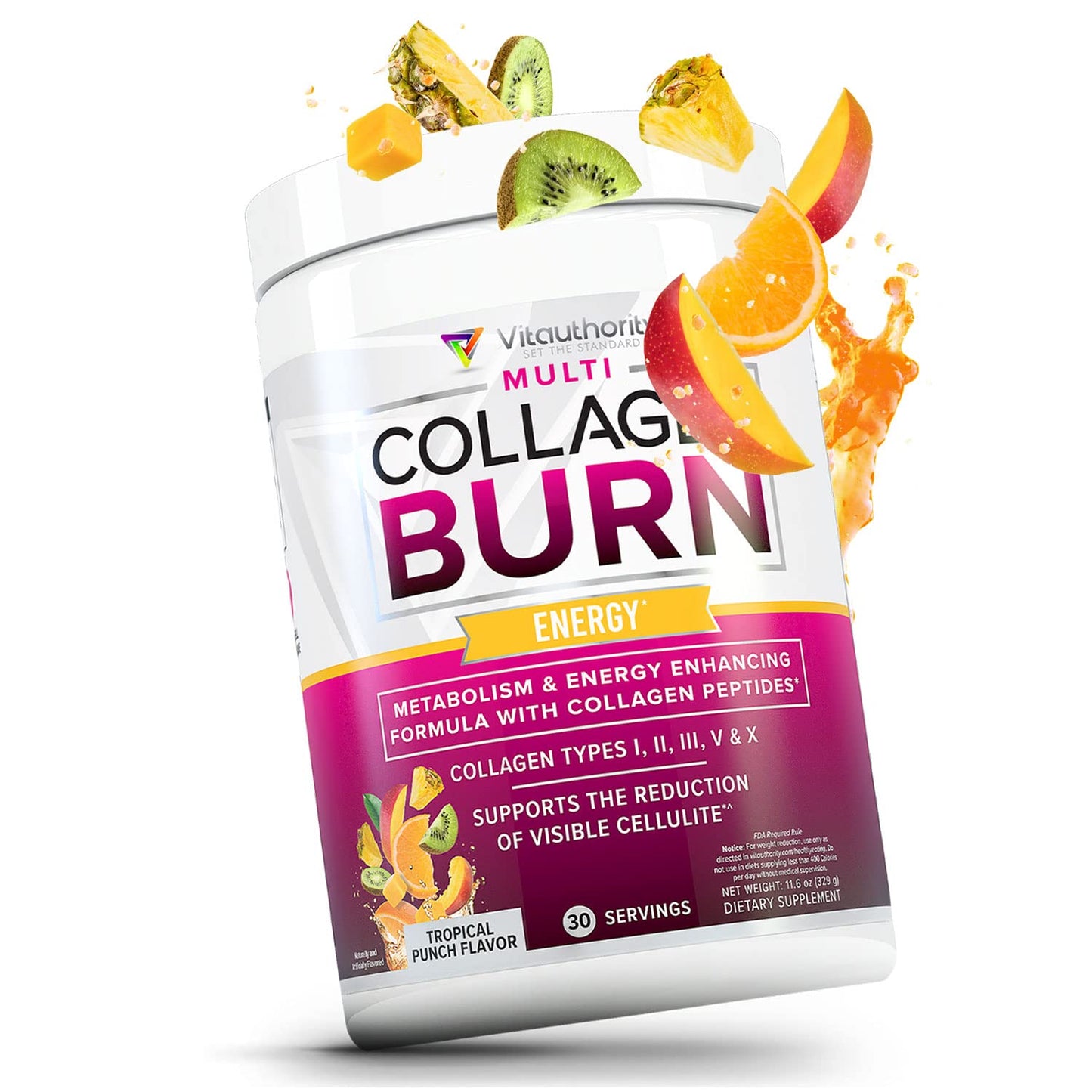 Vitauthority Multi Collagen Burn – 5 Types Collagen, Hyaluronic Acid, Vitamin C, SOD B Dimpless, Caffeine, Tropical Punch, 30 Servings