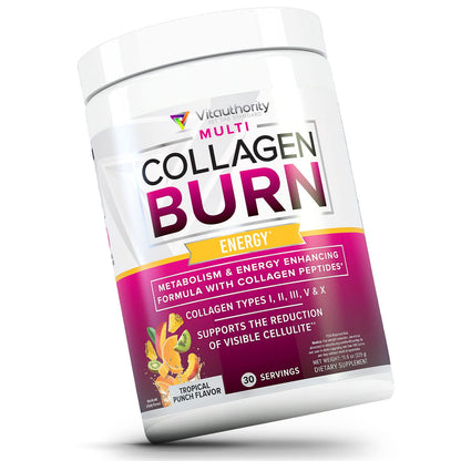 Vitauthority Multi Collagen Burn – 5 Types Collagen, Hyaluronic Acid, Vitamin C, SOD B Dimpless, Caffeine, Tropical Punch, 30 Servings