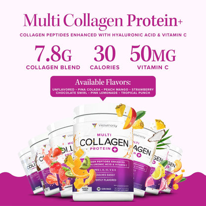 Multi Collagen Peptides Powder for Women – Hydrolyzed Collagen with Types I II III V X, Vitamin C & Hyaluronic Acid – Hair, Skin & Nails (Pink Lemonade) – 30 Servings
