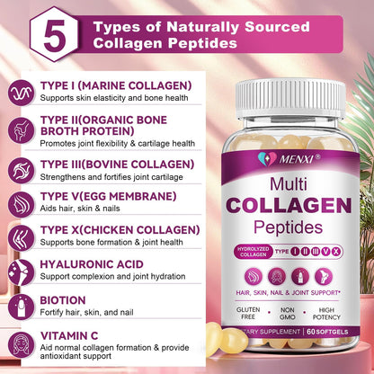 Multi Collagen Peptides Softgels – Type I, II, III, V, X for Skin, Hair, Nails & Joints | Non-GMO