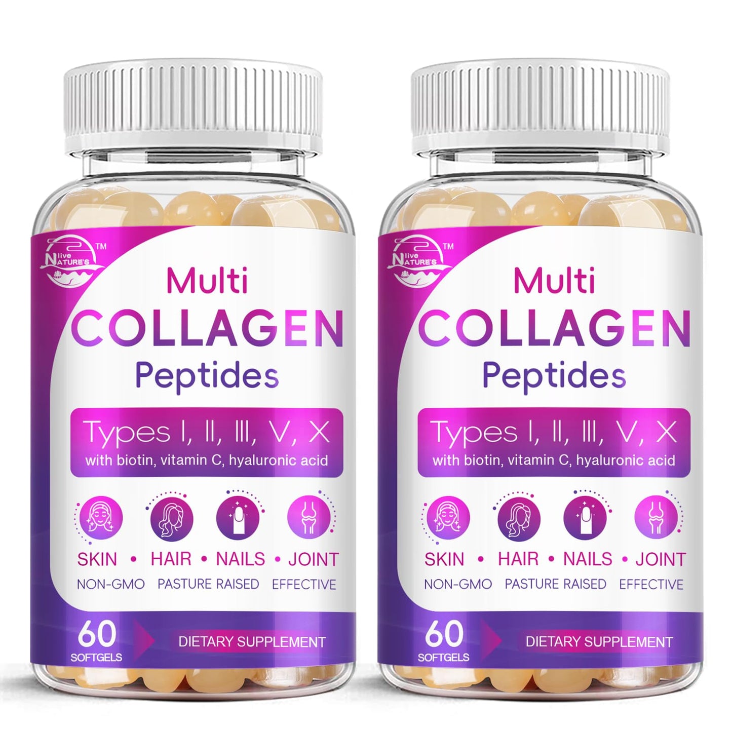 Multi Collagen Peptides Softgels (Type I-X) with Biotin, Vitamin C & Hyaluronic Acid | Grass-Fed, Non-GMO | 60 Softgels, 2-Pack