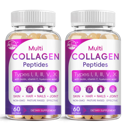 Multi Collagen Peptides Softgels (Type I-X) with Biotin, Vitamin C & Hyaluronic Acid | Grass-Fed, Non-GMO | 60 Softgels, 2-Pack