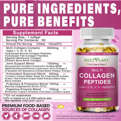 Multi Collagen Peptides Softgels - Types I, II, III, V, X | Biotin, Vitamin C, Hyaluronic Acid | 60 Servings