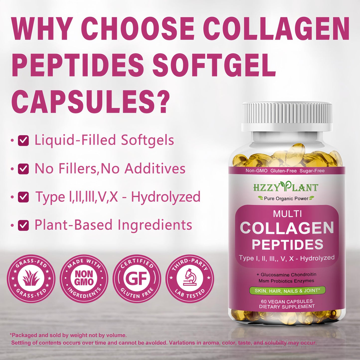 Multi Collagen Peptides Softgels - Types I, II, III, V, X | Biotin, Vitamin C, Hyaluronic Acid | 60 Servings