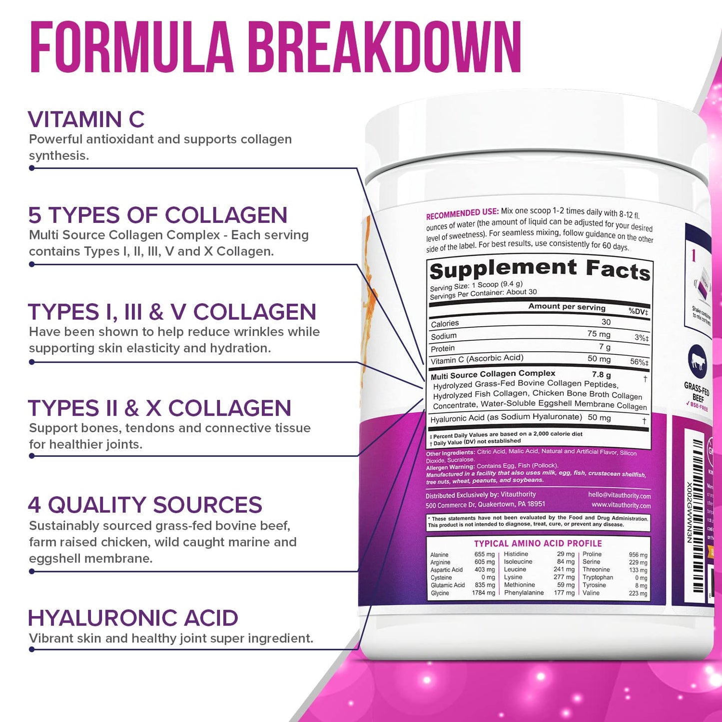 Multi Collagen Peptides Powder for Women – Hydrolyzed Collagen with Vitamin C & Hyaluronic Acid (Tropical Punch, 30 Servings)