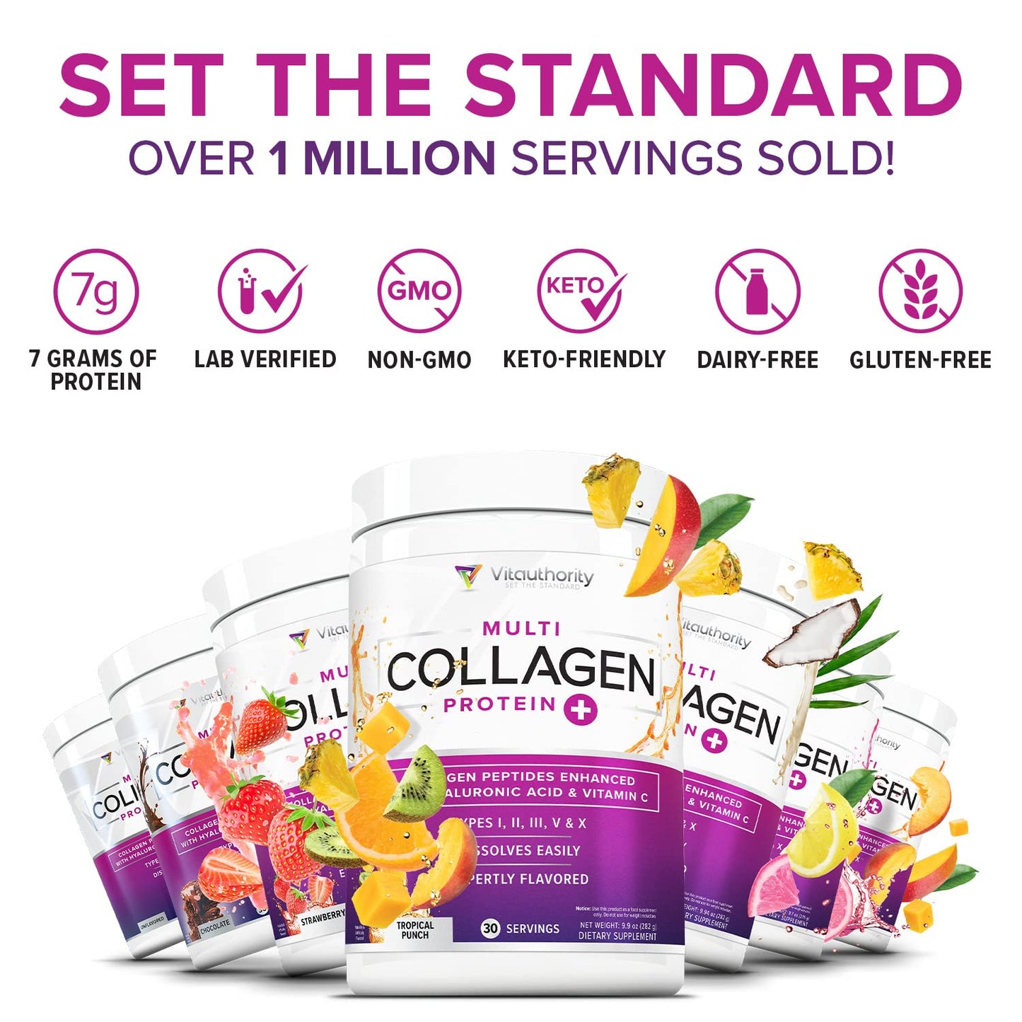 Multi Collagen Peptides Powder for Women – Hydrolyzed Collagen with Vitamin C & Hyaluronic Acid (Tropical Punch, 30 Servings)