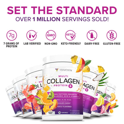 Multi Collagen Peptides Powder for Women – Hydrolyzed Collagen with Vitamin C & Hyaluronic Acid (Tropical Punch, 30 Servings)