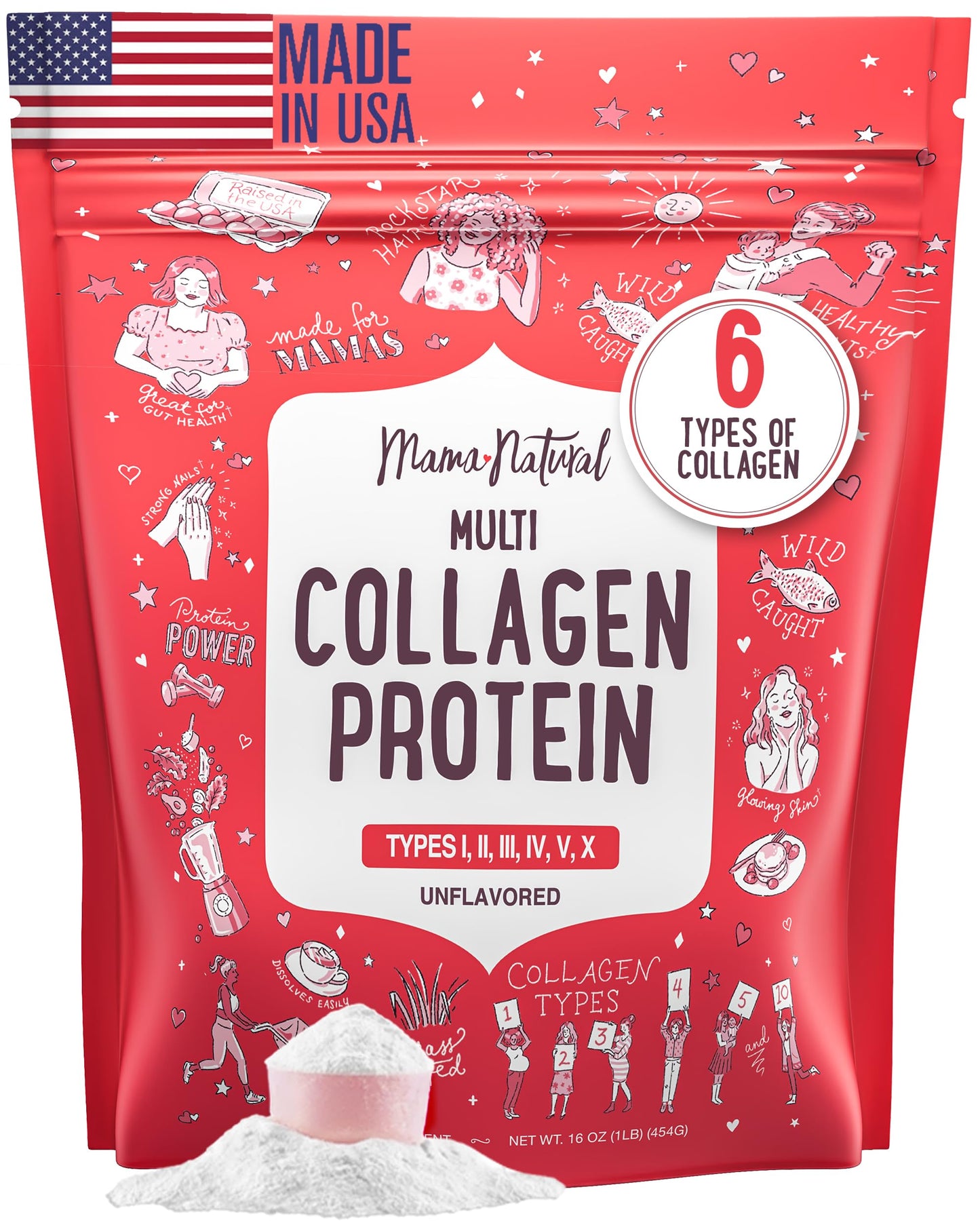 Mama Natural Multi Collagen Protein Powder – Unflavored, Hydrolyzed 16 oz | Grass-Fed Bovine, Wild Fish & Eggshell Membrane