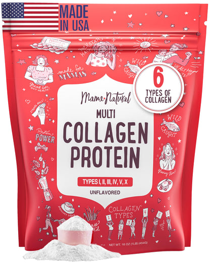 Mama Natural Multi Collagen Protein Powder – Unflavored, Hydrolyzed 16 oz | Grass-Fed Bovine, Wild Fish & Eggshell Membrane