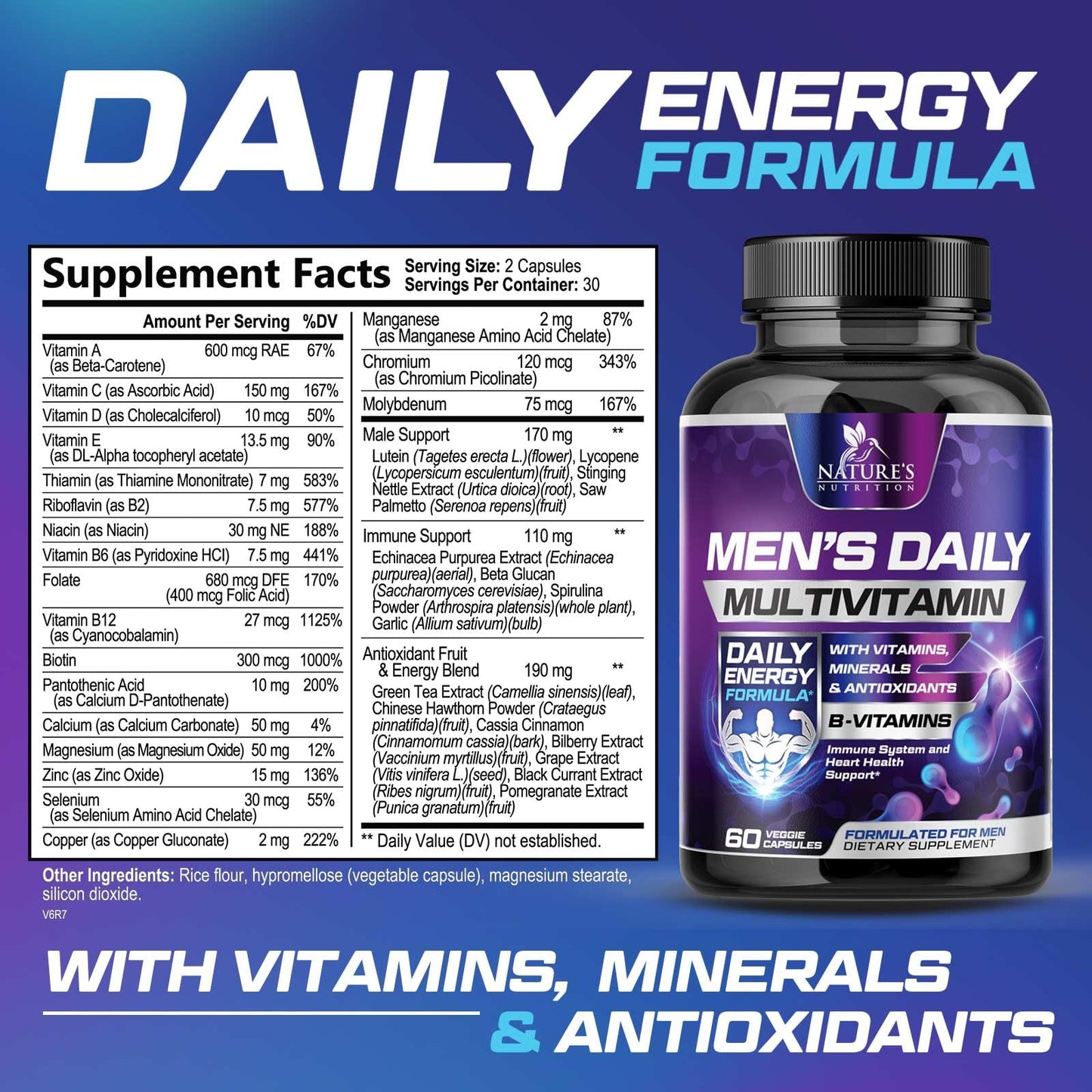 Multivitamin for Men - Immune & Energy Support | Non-GMO 60 Capsules