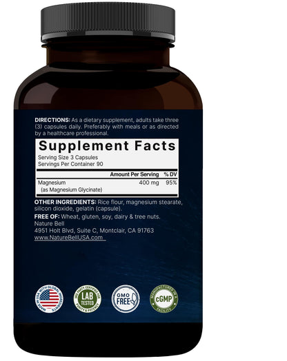 NatureBell Magnesium Glycinate 400mg | 270 Capsules | Chelated for High Absorption | Non-GMO, Gluten-Free, Vegan