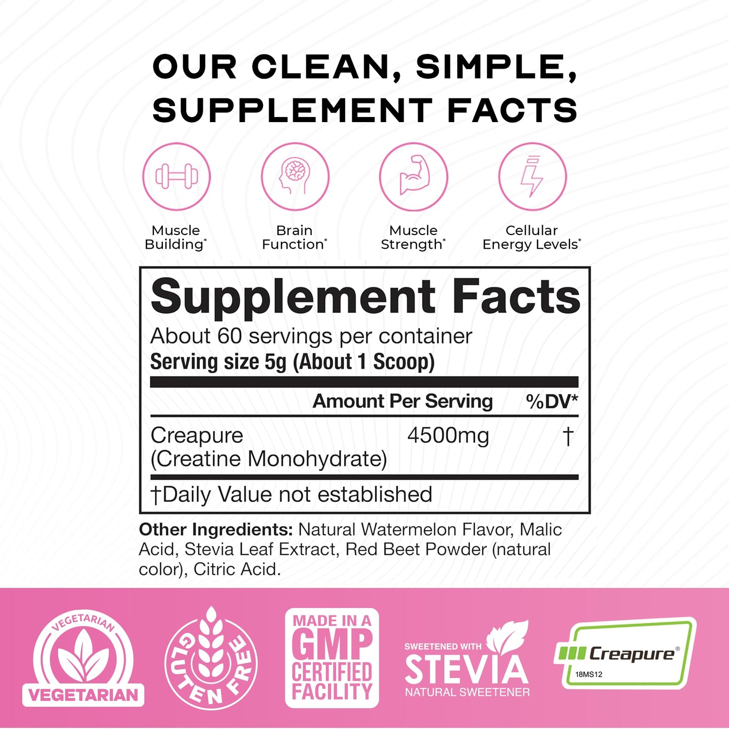 Muscle Feast Creapure Creatine Monohydrate Powder – Natural Watermelon, 60 Servings, 300g