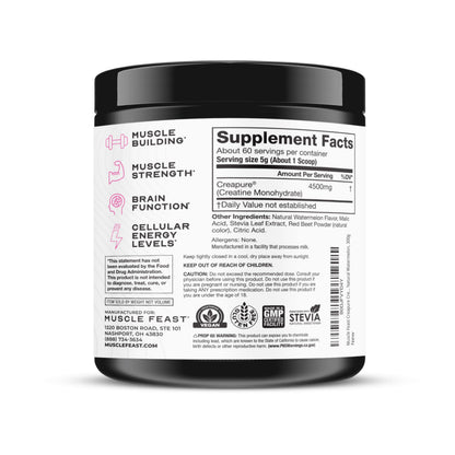 Muscle Feast Creapure Creatine Monohydrate Powder – Natural Watermelon, 60 Servings, 300g
