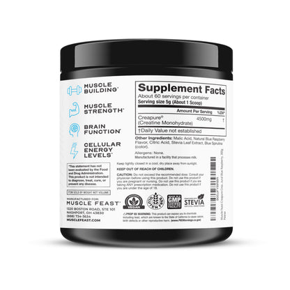 Muscle Feast Creapure Creatine Monohydrate Powder – Vegan, Gluten-Free, Keto Friendly – Natural Blue Raspberry, 300g