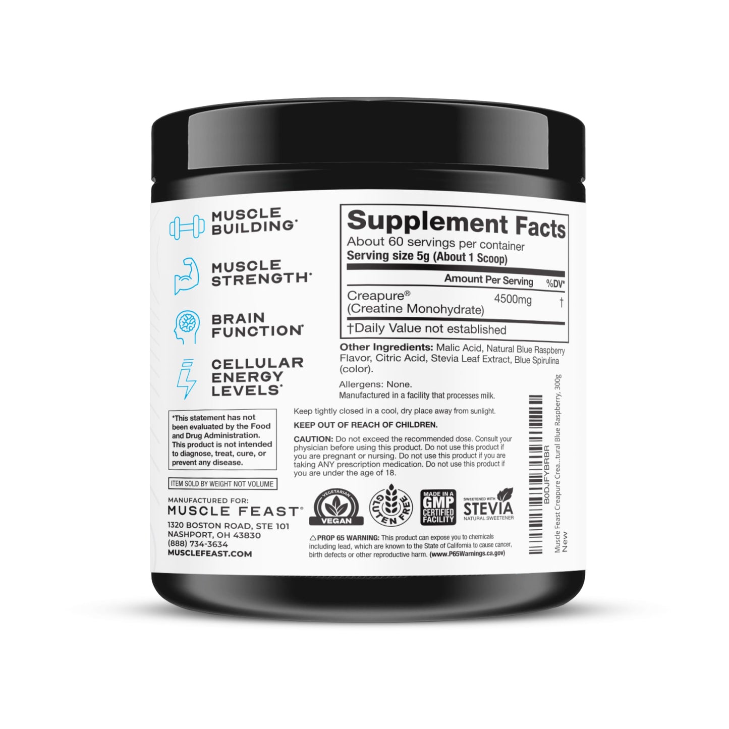 Muscle Feast Creapure Creatine Monohydrate Powder – Vegan, Gluten-Free, Keto Friendly – Natural Blue Raspberry, 300g