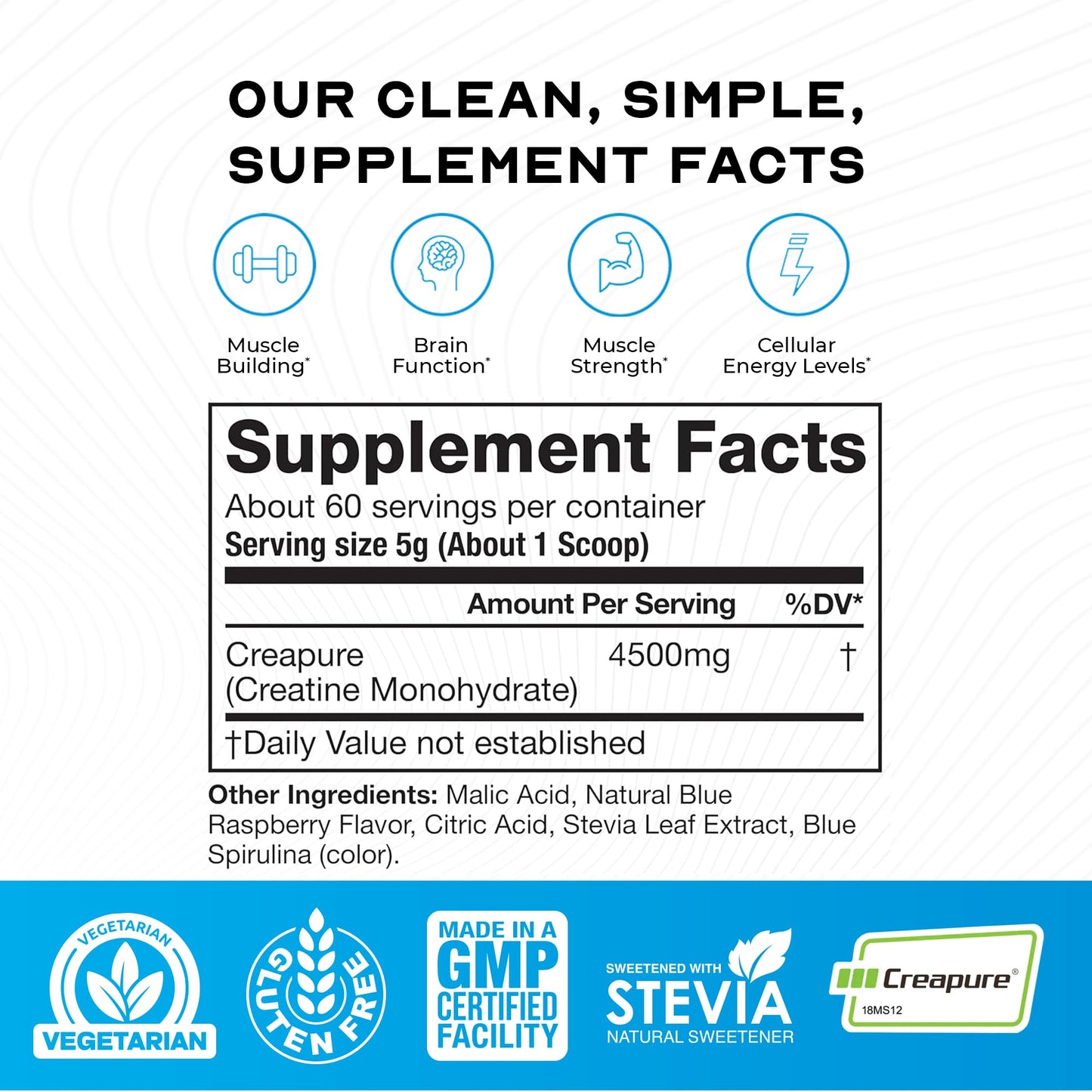 Muscle Feast Creapure Creatine Monohydrate Powder – Vegan, Gluten-Free, Keto Friendly – Natural Blue Raspberry, 300g