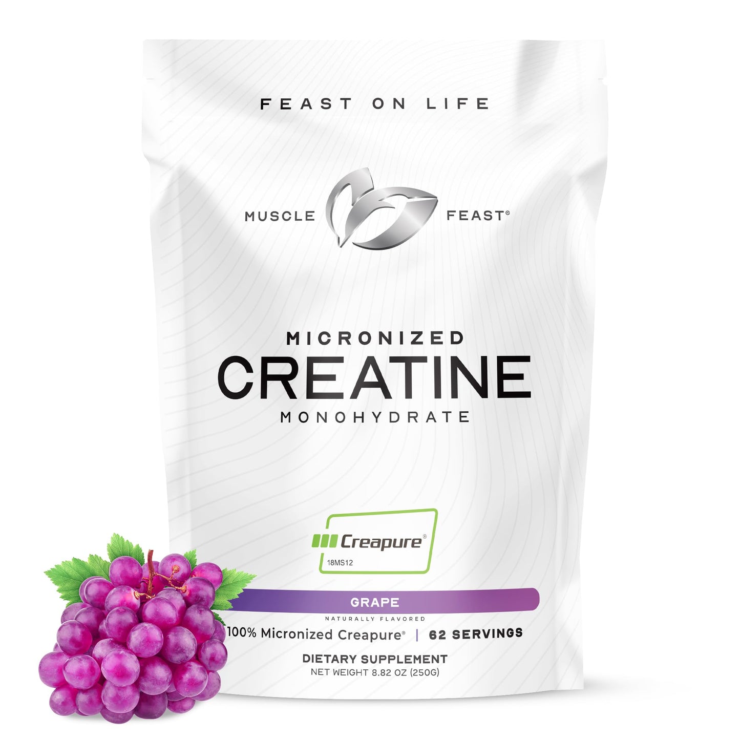 Muscle Feast Creapure Micronized Creatine Monohydrate Powder – Grape, 250g | Easy Mix, Gluten-Free