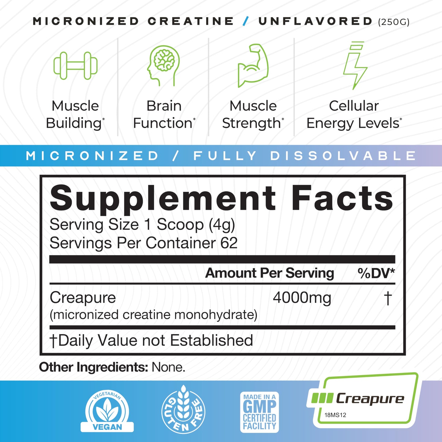 Muscle Feast Creapure Micronized Creatine Monohydrate Powder – Unflavored, 250g | Vegan & Gluten-Free